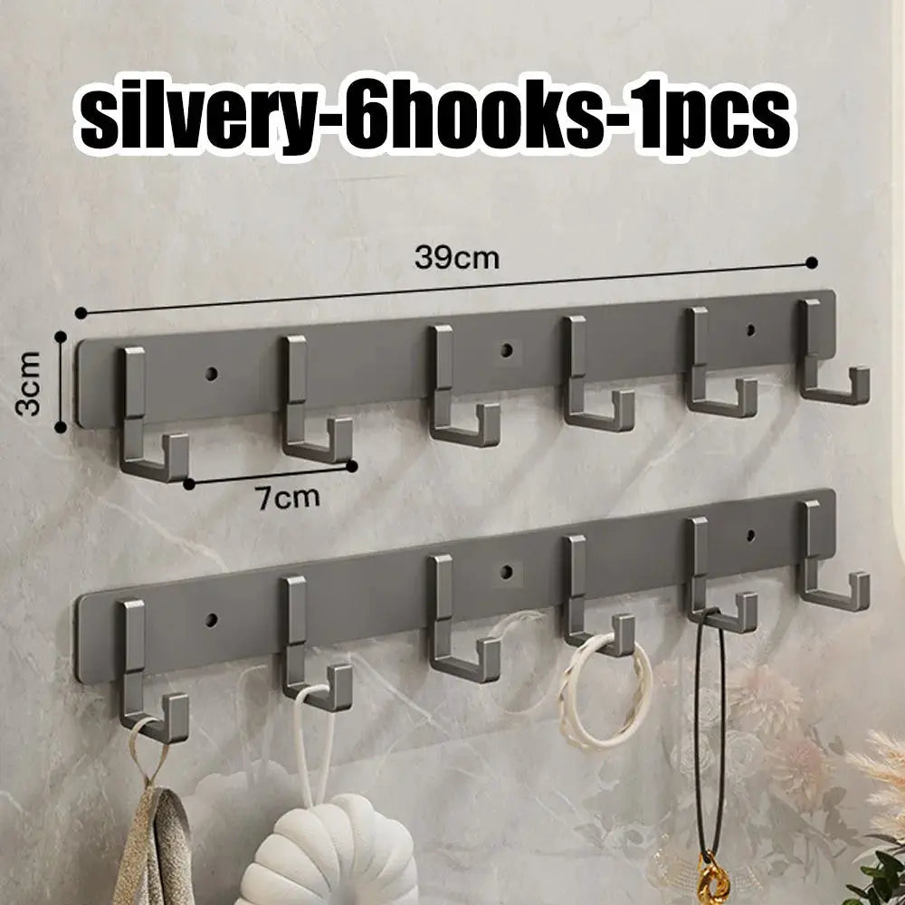 Aluminum punch-free hook rails by Simples Market, two silver bars with six hooks each