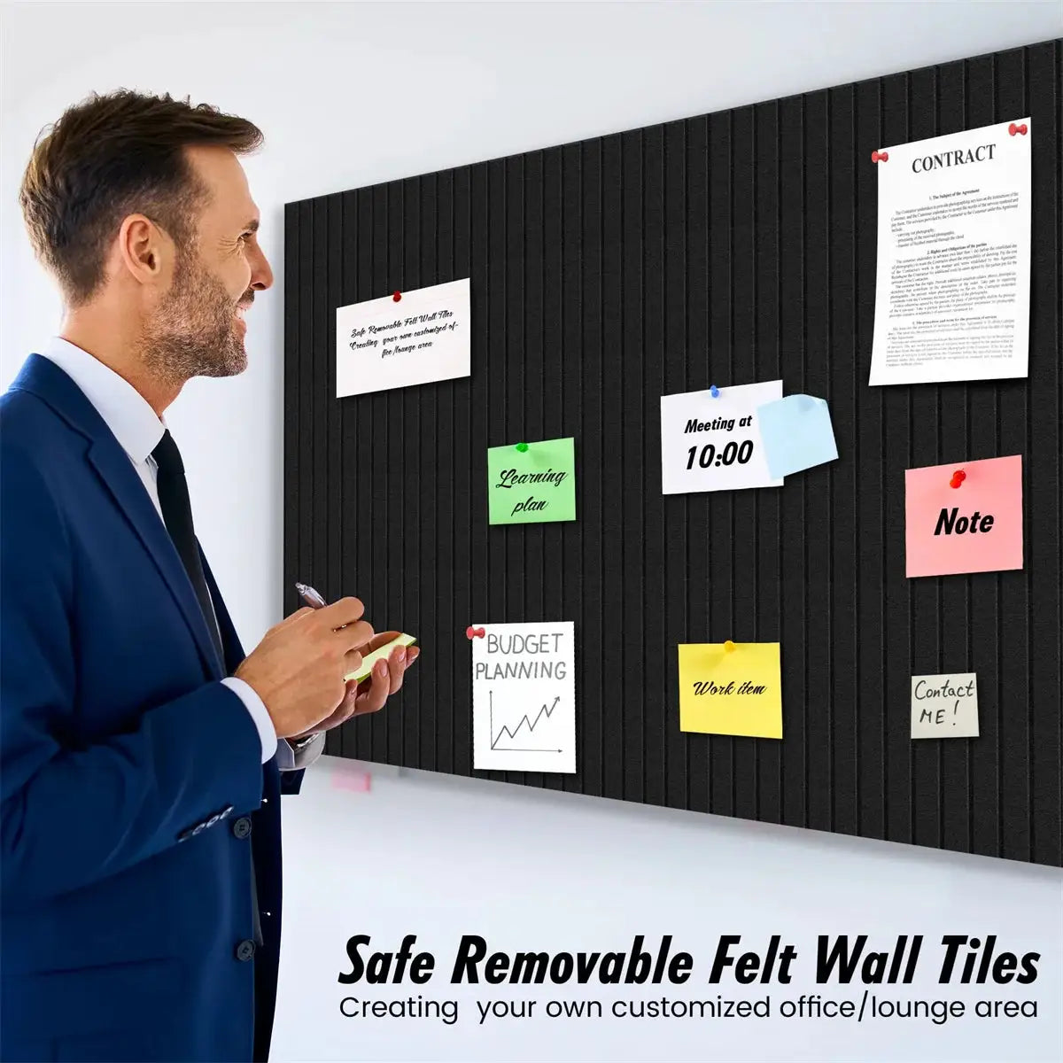 Simples Market 6pc large felt wall tiles, black slat-wall office bulletin board with colorful notes