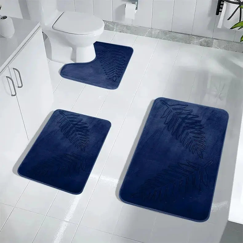 3-piece navy memory-foam bathroom mat set with leaf-embossed pattern for toilet, tub and sink