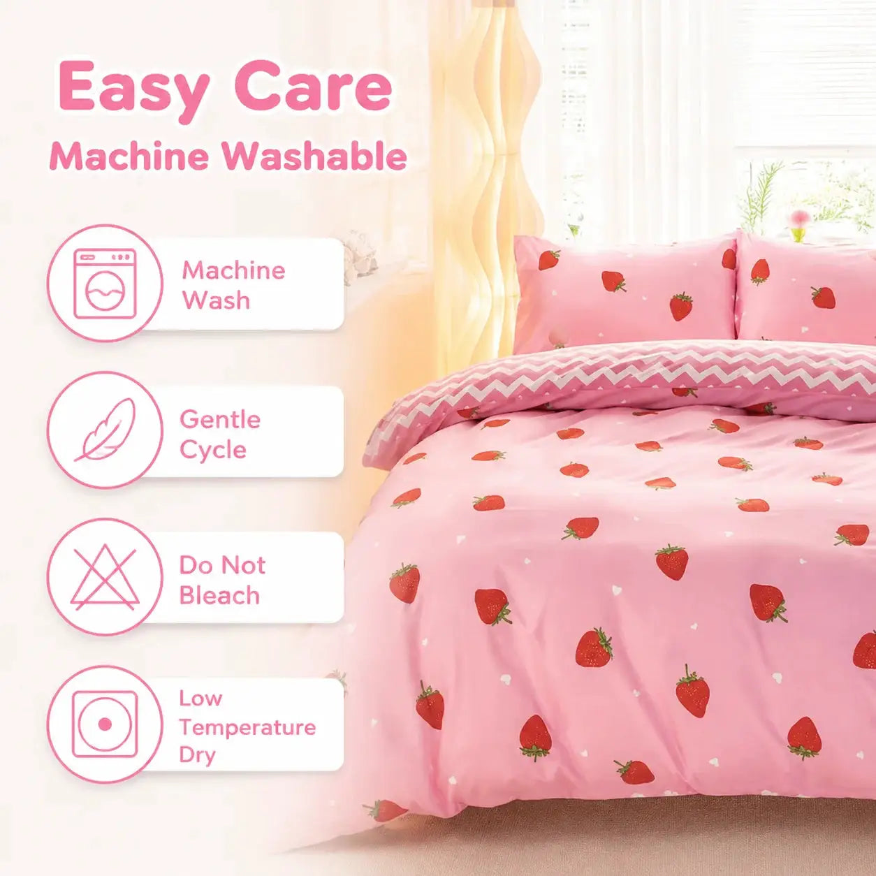 Duvet cover set pink strawberry-pattern with pillowcases by Simples Market; twin and full sizes.