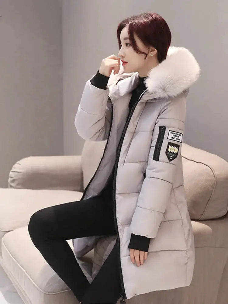SnowMist Winter Fur Collar Hooded Parka for Women with Thick Warm Insulation and Zipper Pockets