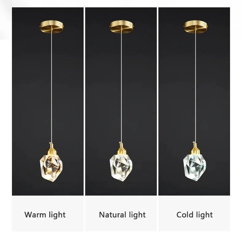 Three crystal pendant lamps with gold canopy LED chandelier by Simples Market; warm, natural, and cold light options.