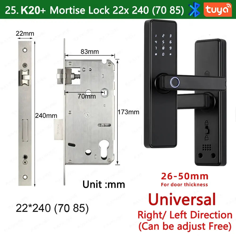 RAYKUBE K20 biometric black door lock by Simples Market with keypad and fingerprint, Tuya app compatible