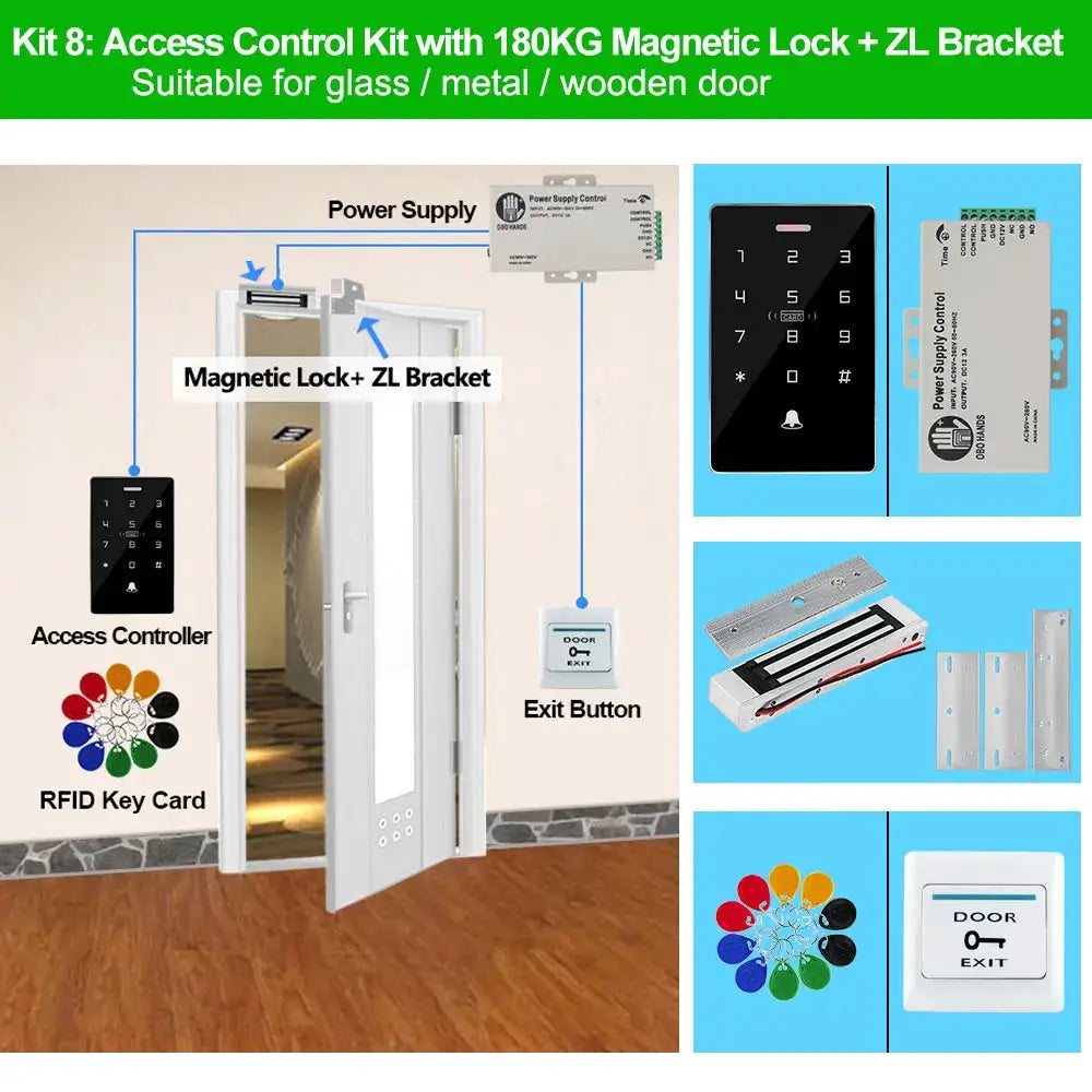 Outdoor access control kit by Simples Market with 180kg magnetic lock, keypad, RFID card, exit button