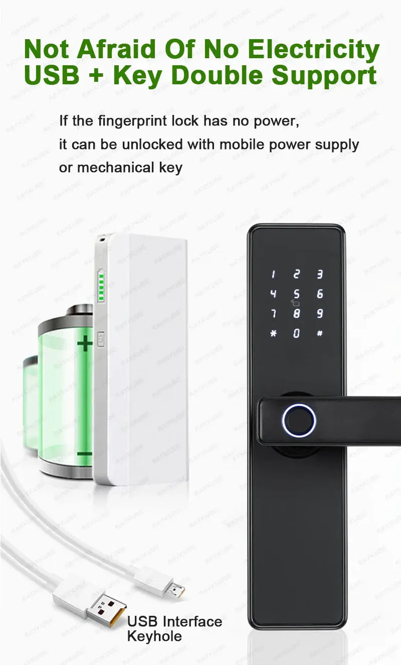 RAYKUBE K20 biometric door lock kit (2 pcs) with black touchscreen keypad and USB power interface
