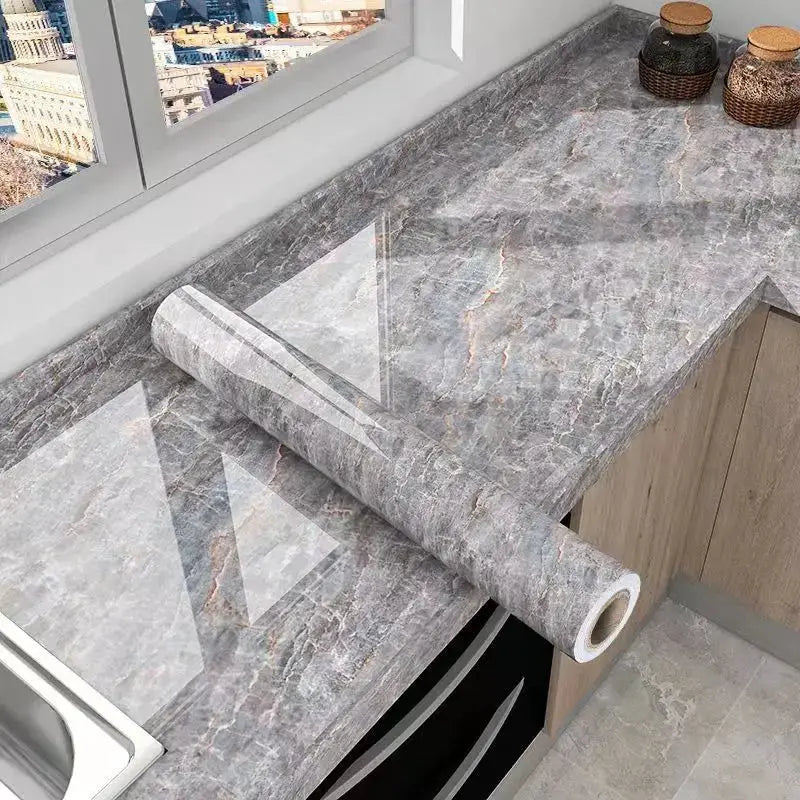 40cm kitchen self-adhesive wallpaper in gray marble, PVC waterproof countertop film roll