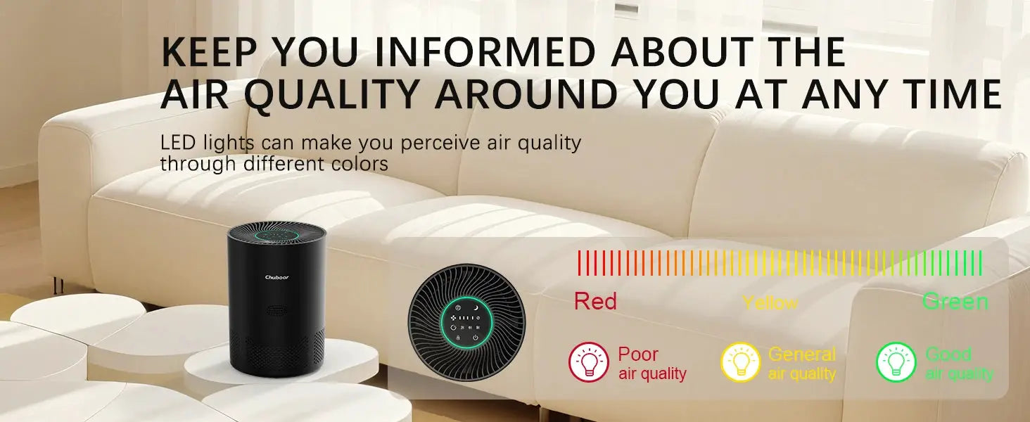 Chuboor H13 True HEPA air purifier by Simples Market; black cylindrical unit with LED air-quality indicator for 30–40 m²