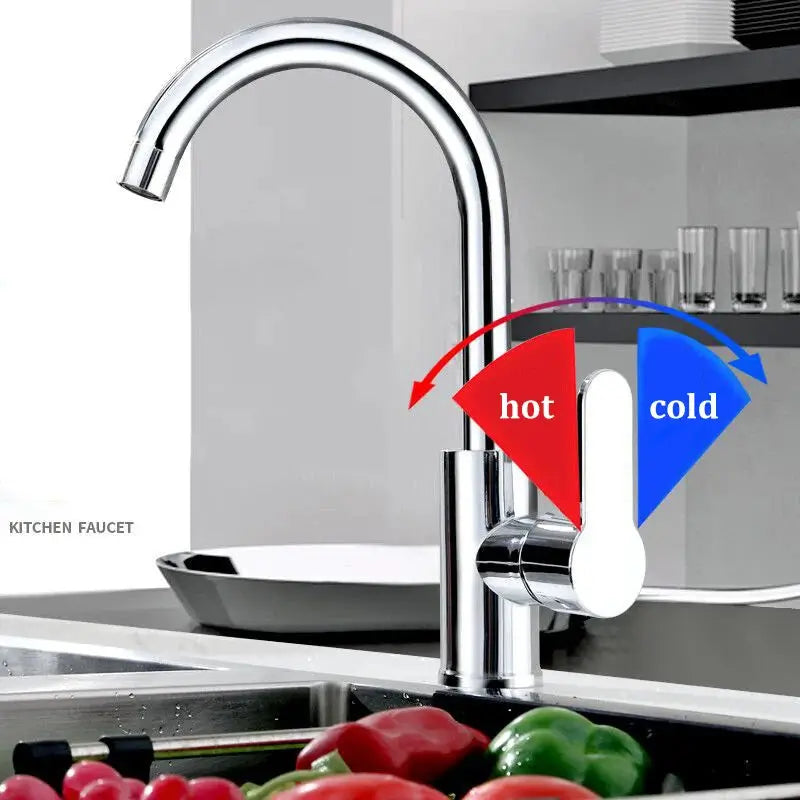 Kitchen faucet chrome curved-neck with single hot and cold lever for sink