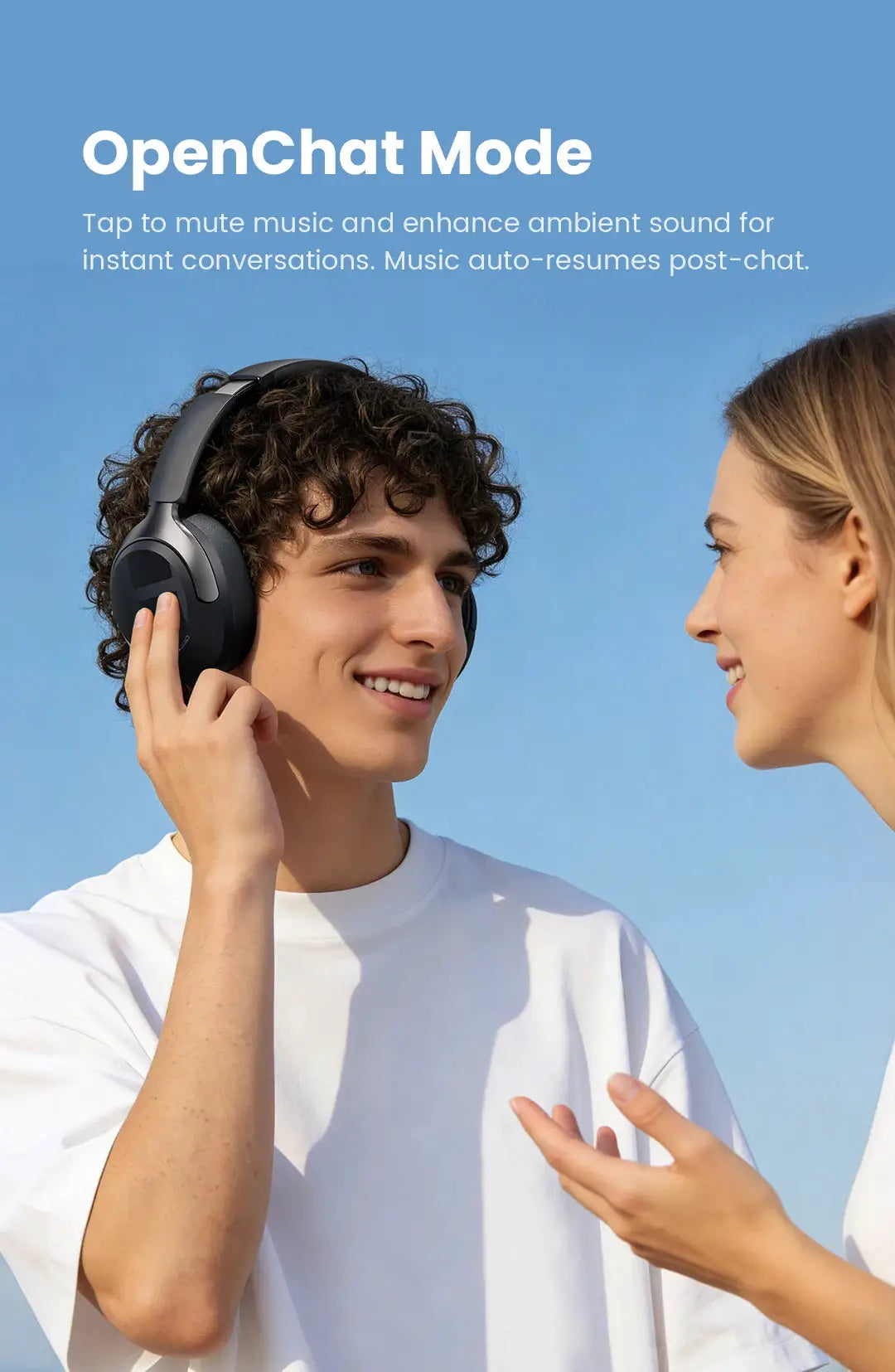 HAYLOU S40 ANC wireless over-ear headphones in black worn by a smiling man with a woman nearby outdoors