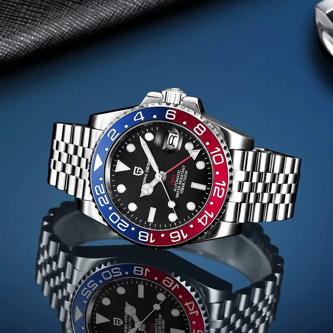 Pagani Design luxury men's stainless steel GMT watch with blue-red bezel and black dial