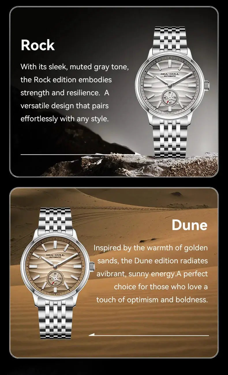 Sea-Gull Natural Series 39.5mm men's automatic watches, stainless steel bracelet; 2 watches shown (Rock, Dune).