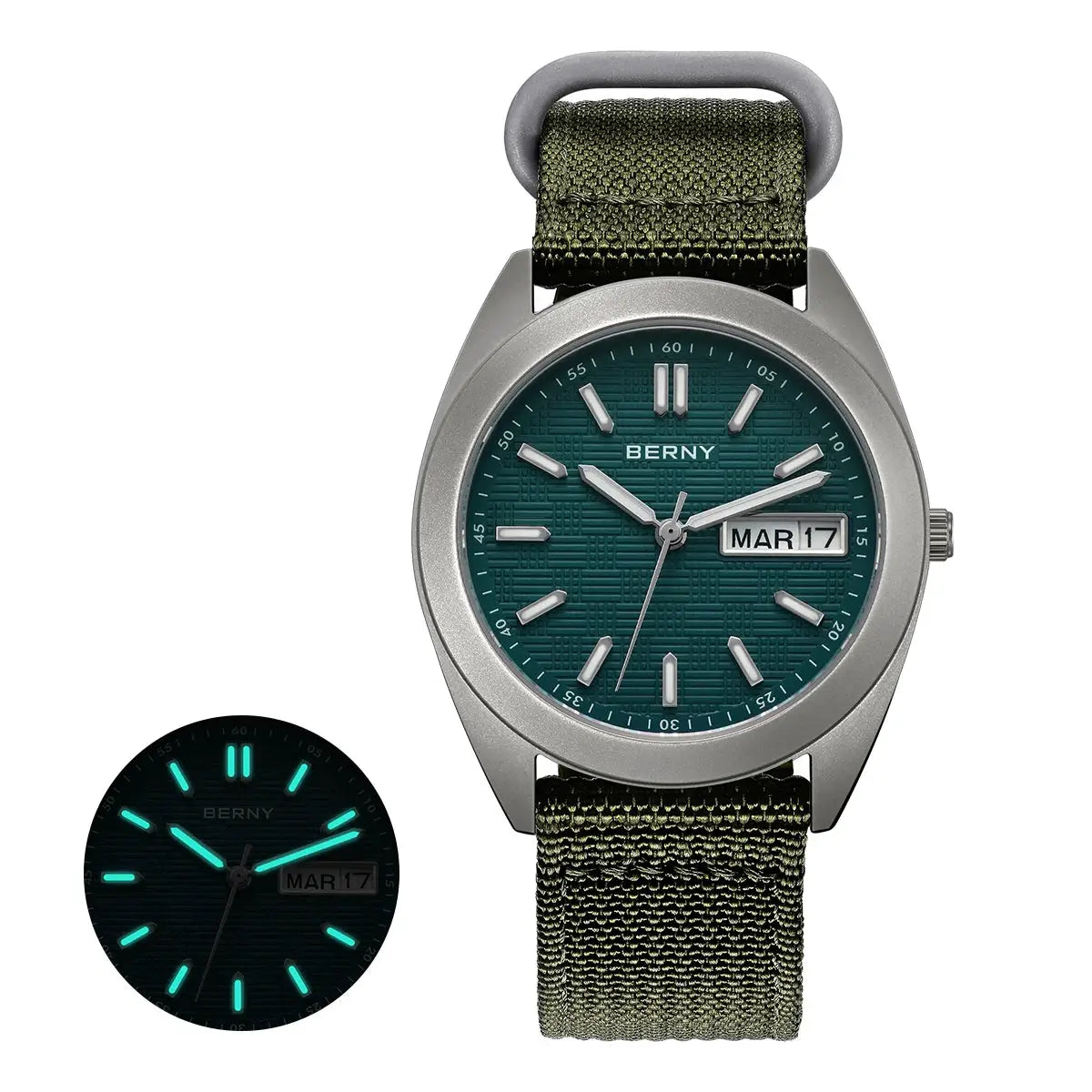 BERNY titanium men's watch with teal-green dial, date window, luminous hands, olive green fabric strap.