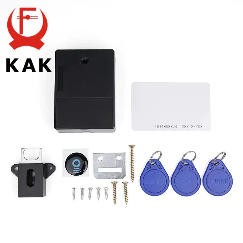 KAK RFID cabinet lock kit by Simples Market; black electronic lock with RFID card, blue key fobs, screws