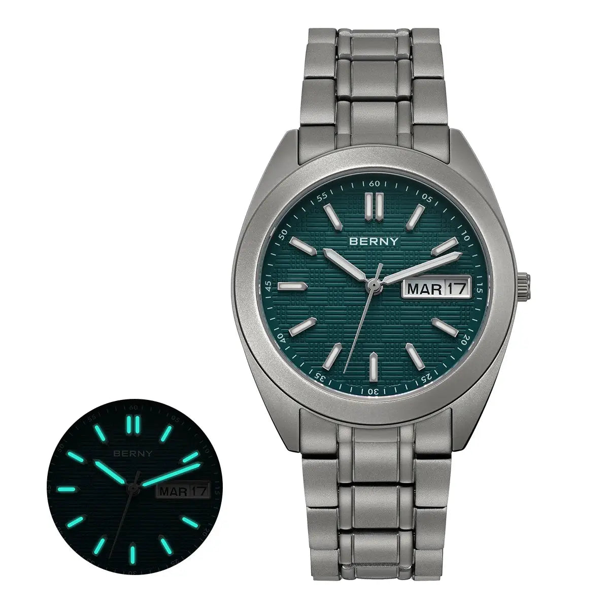 BERNY men's titanium watch with teal dial, date window, and luminous hands