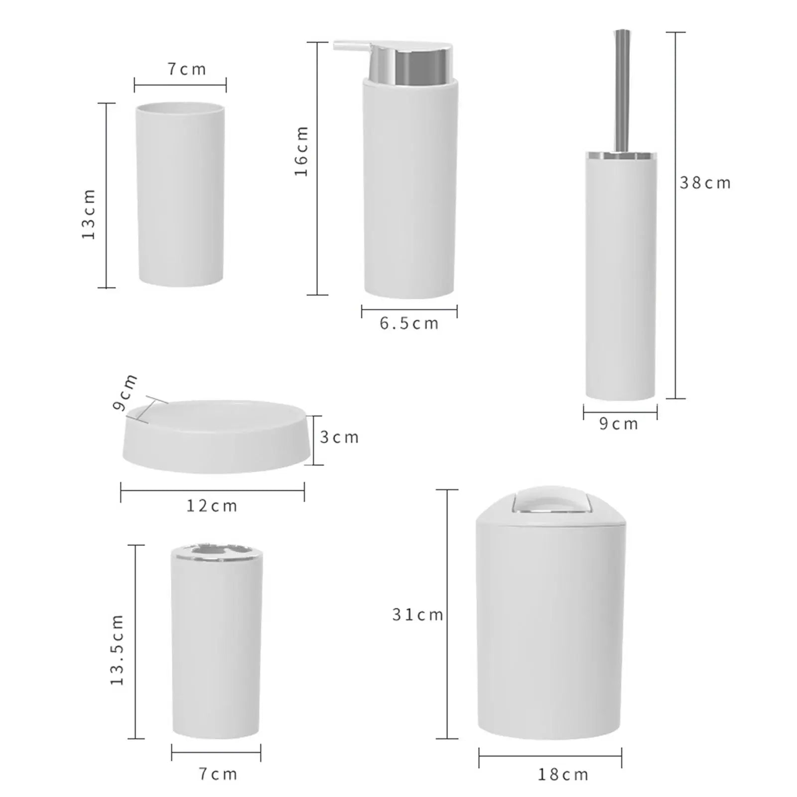6pc white bathroom accessories set by Simples Market; includes trash can, lotion dispenser, soap dish.