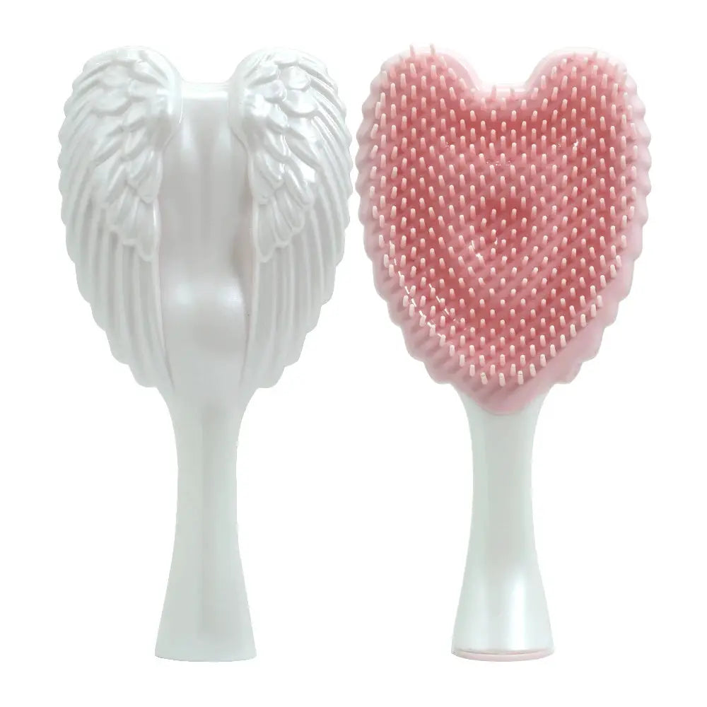 Mini angel detangling hairbrush set; white angel-wing brush and pink heart detangler, anti-static, 2-piece