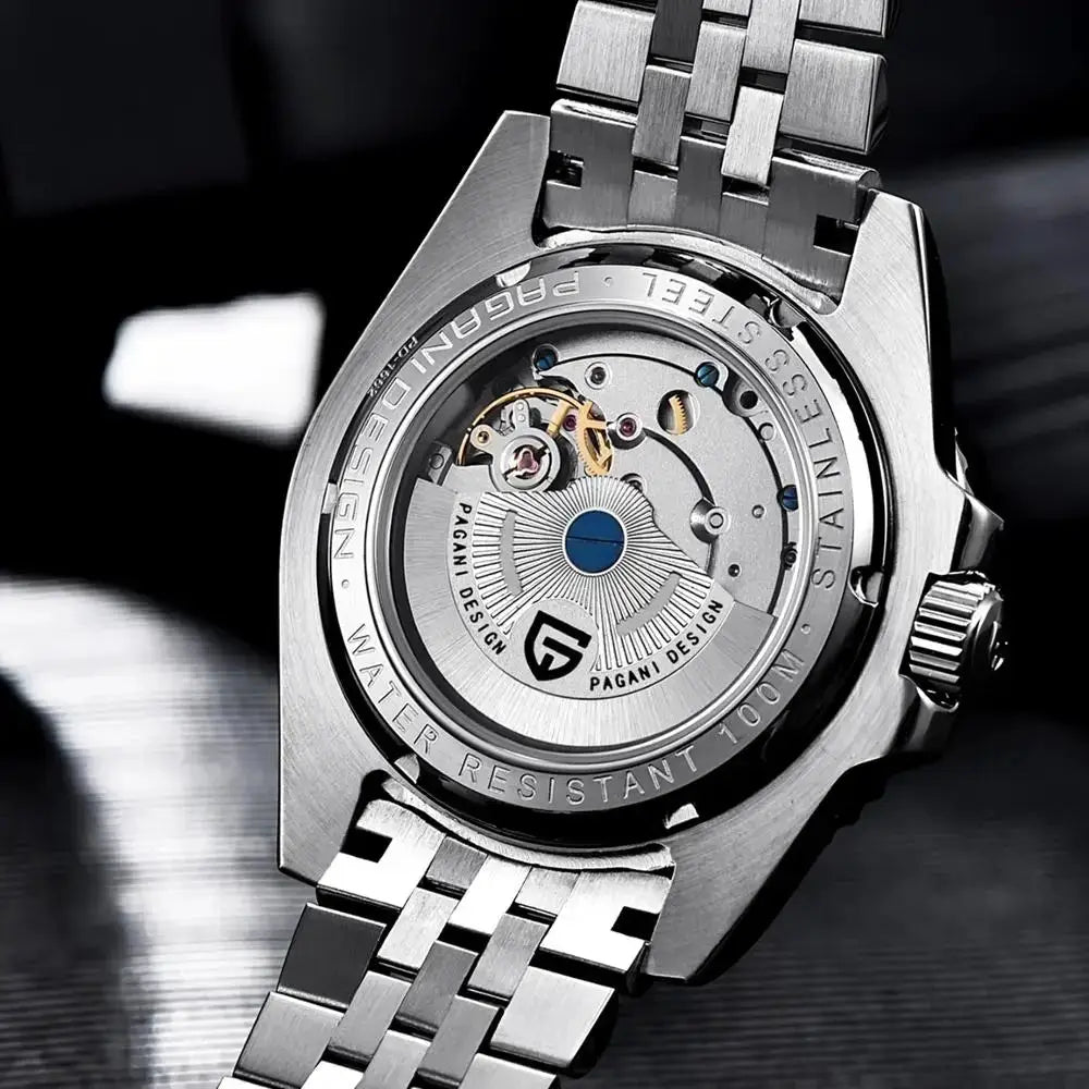 Pagani Design stainless steel men's mechanical GMT watch with sapphire glass and transparent case back.