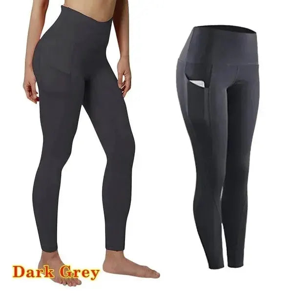 Two pairs of high-waist yoga leggings in dark grey with tummy control and pockets by Simples Market.