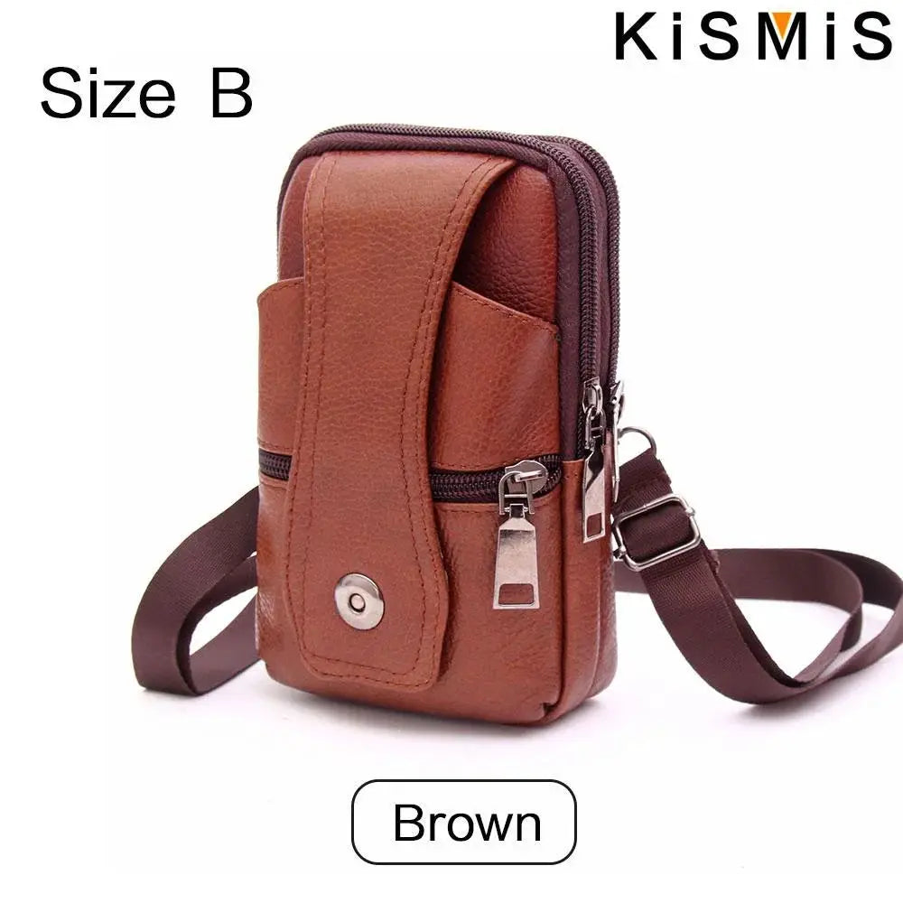 KISMIS brown leather men's waist bag with adjustable strap and multiple zip pockets