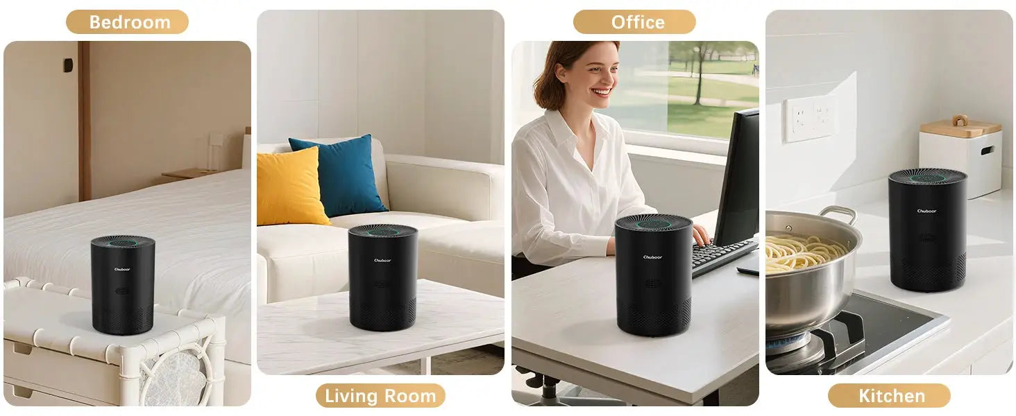 Chuboor black cylindrical air purifiers; four units shown in bedroom, living room, office and kitchen.