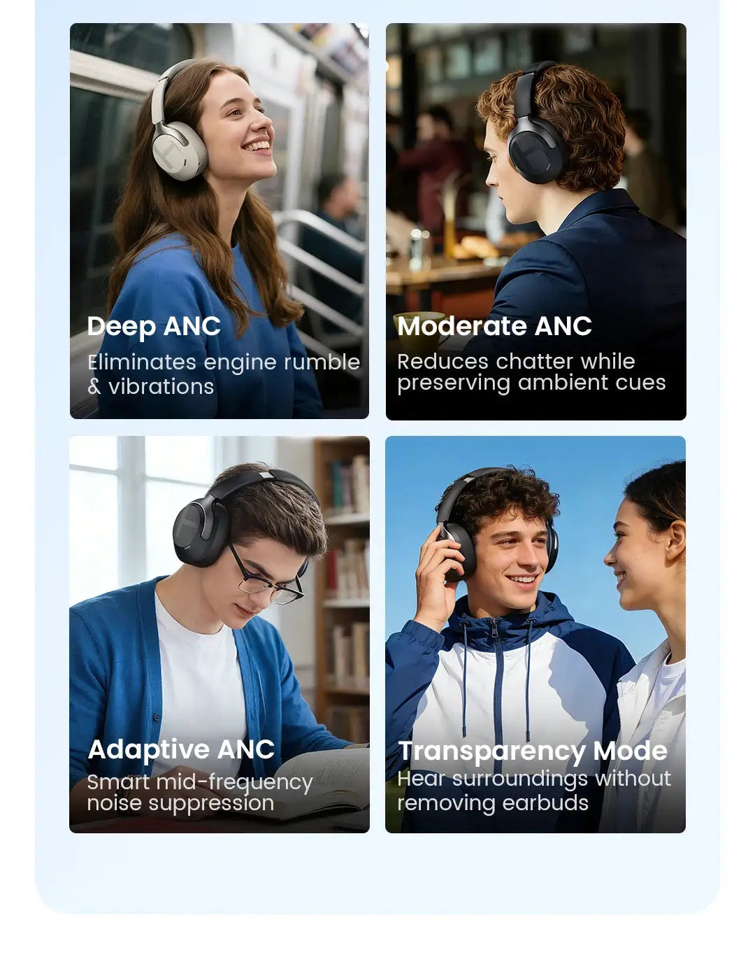 HAYLOU S40 ANC wireless over-ear headphones by Simples Market; four people wear black/gray models.