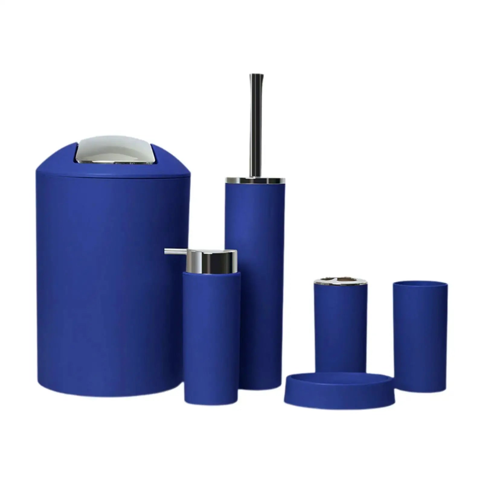 6-piece blue bathroom set with chrome accents including trash can, lotion dispenser, toothbrush holder, soap dish