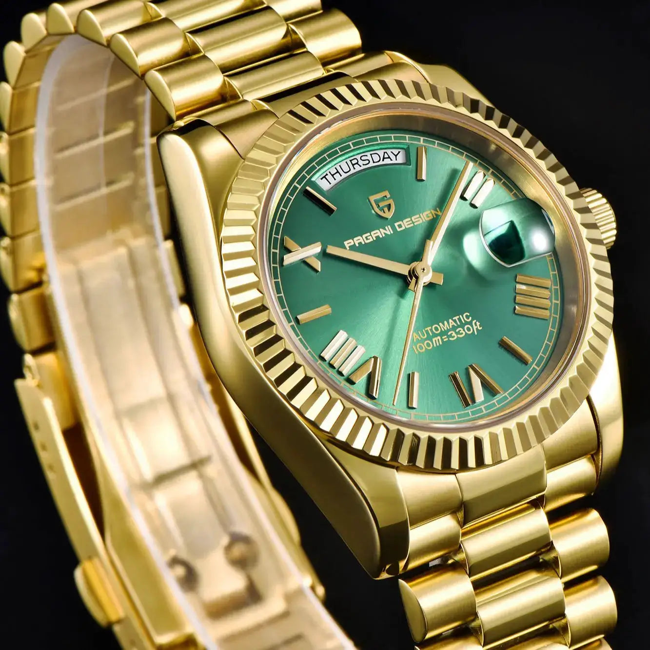 Pagani Design DD36 gold-green men's automatic watch with green dial and gold bracelet, day/date display
