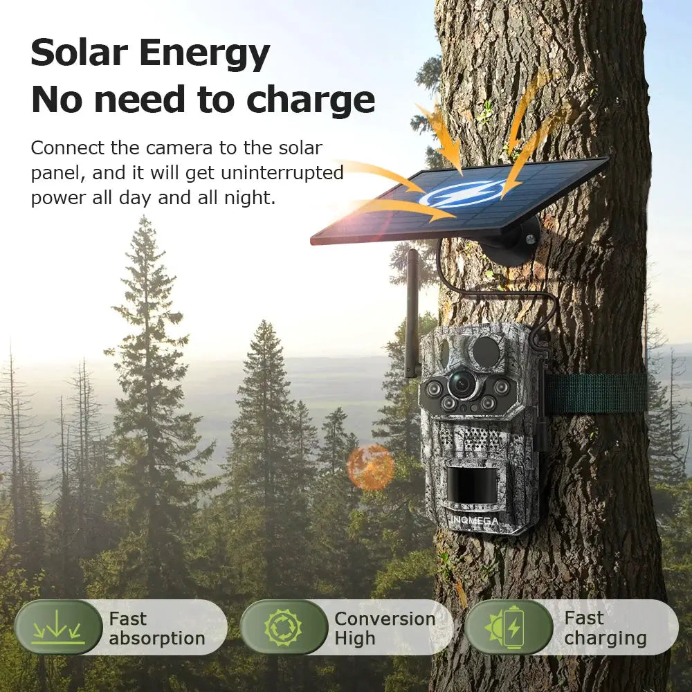 INQMEGA solar trail camera with solar panel, camouflage housing, mounted on tree in forest.