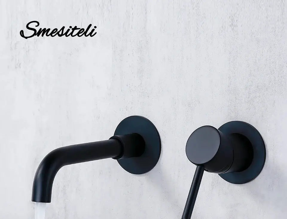 2-piece wall-mounted basin faucet set in matte black with curved spout and round single-handle control