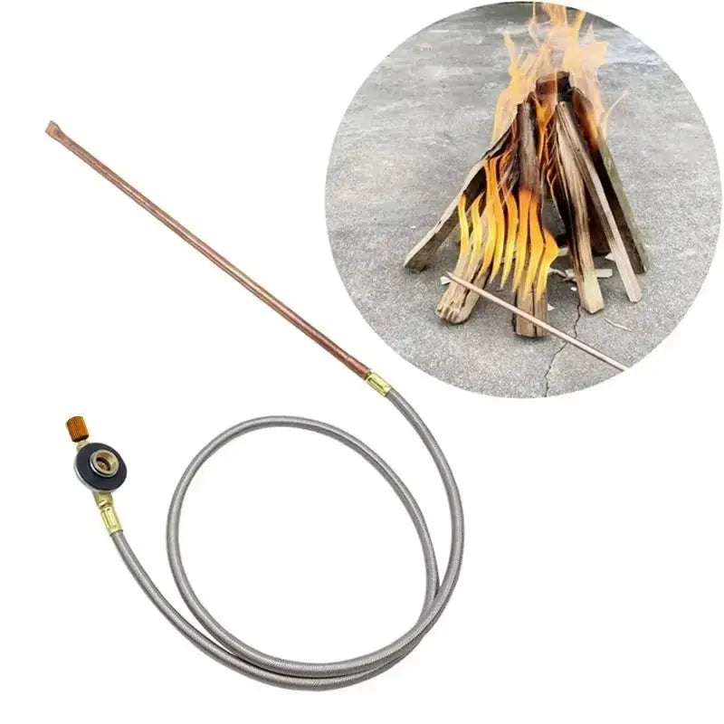 Pandatour hand-held charcoal fire igniter spray gun with copper wand and flexible hose for outdoor BBQ.