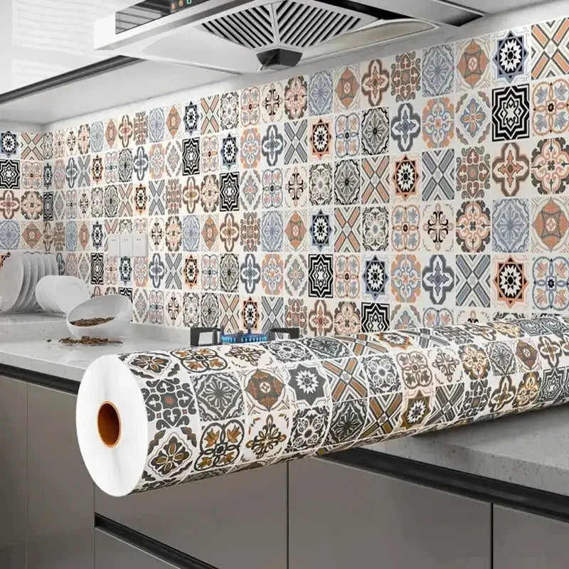 Tile 3D waterproof cabinet wallpaper roll by Simples Market, PVC with colorful mosaic tiles for kitchen cabinets.