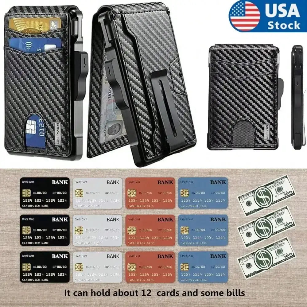Wallet for Men by Simples Market - carbon fiber finish, holds 9–13 cards with money clip and ID window, RFID blocking