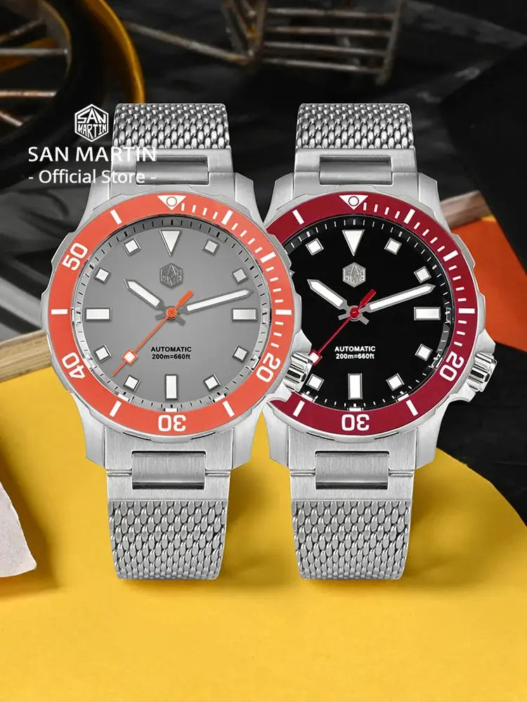 San Martin diver watches, 2-piece set with Milanese bracelets, gray dial/orange bezel and black dial/red bezel.