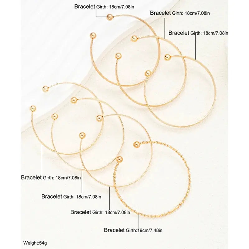 Seven Piece Punk Gold Color Bracelet Set For Women Streetwear Goth Open Bangle Heart Prints Metal Design Jewelry