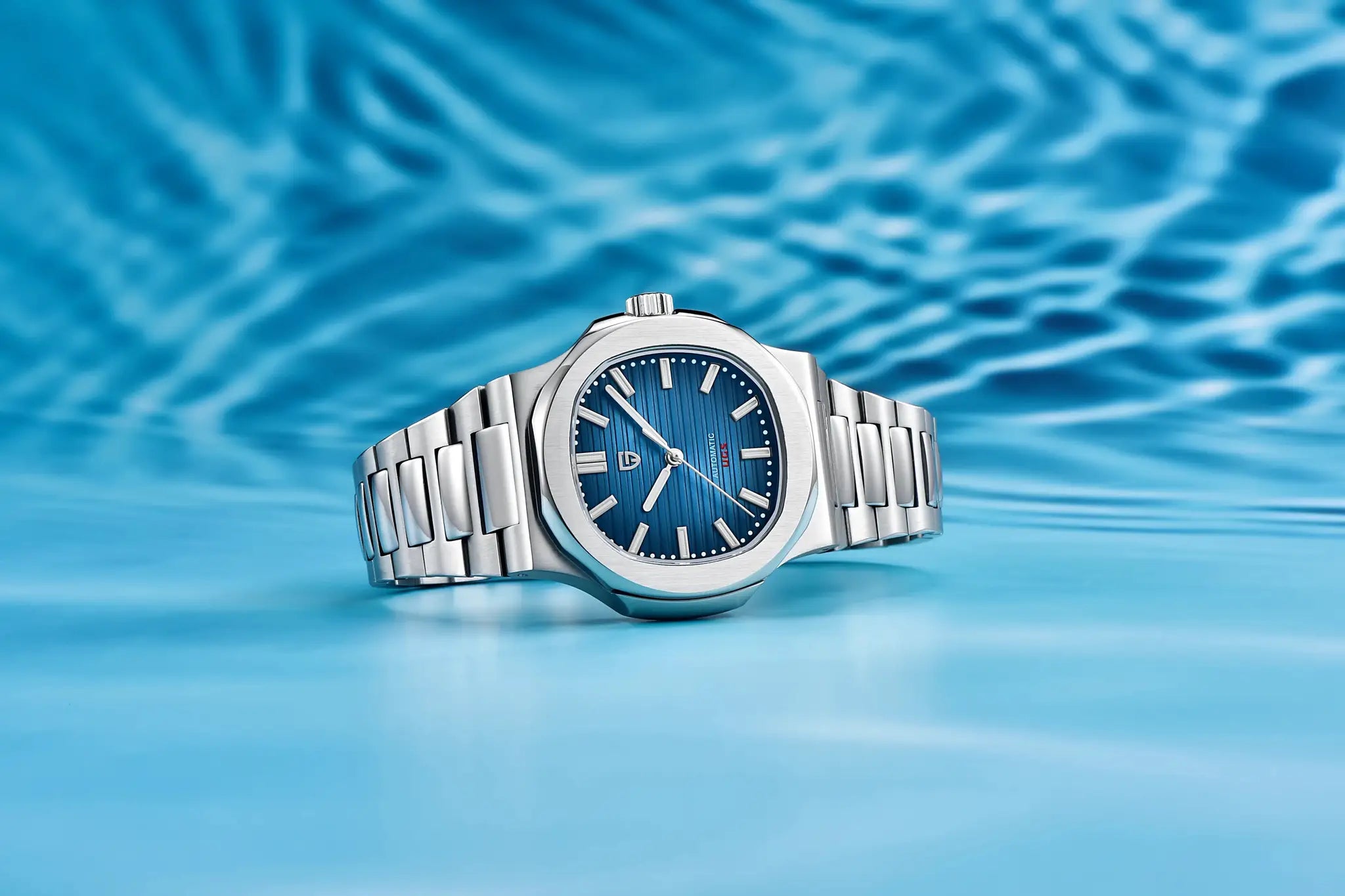 PAGANI DESIGN 40mm men's luxury automatic wristwatch with stainless steel band, blue dial, sapphire glass