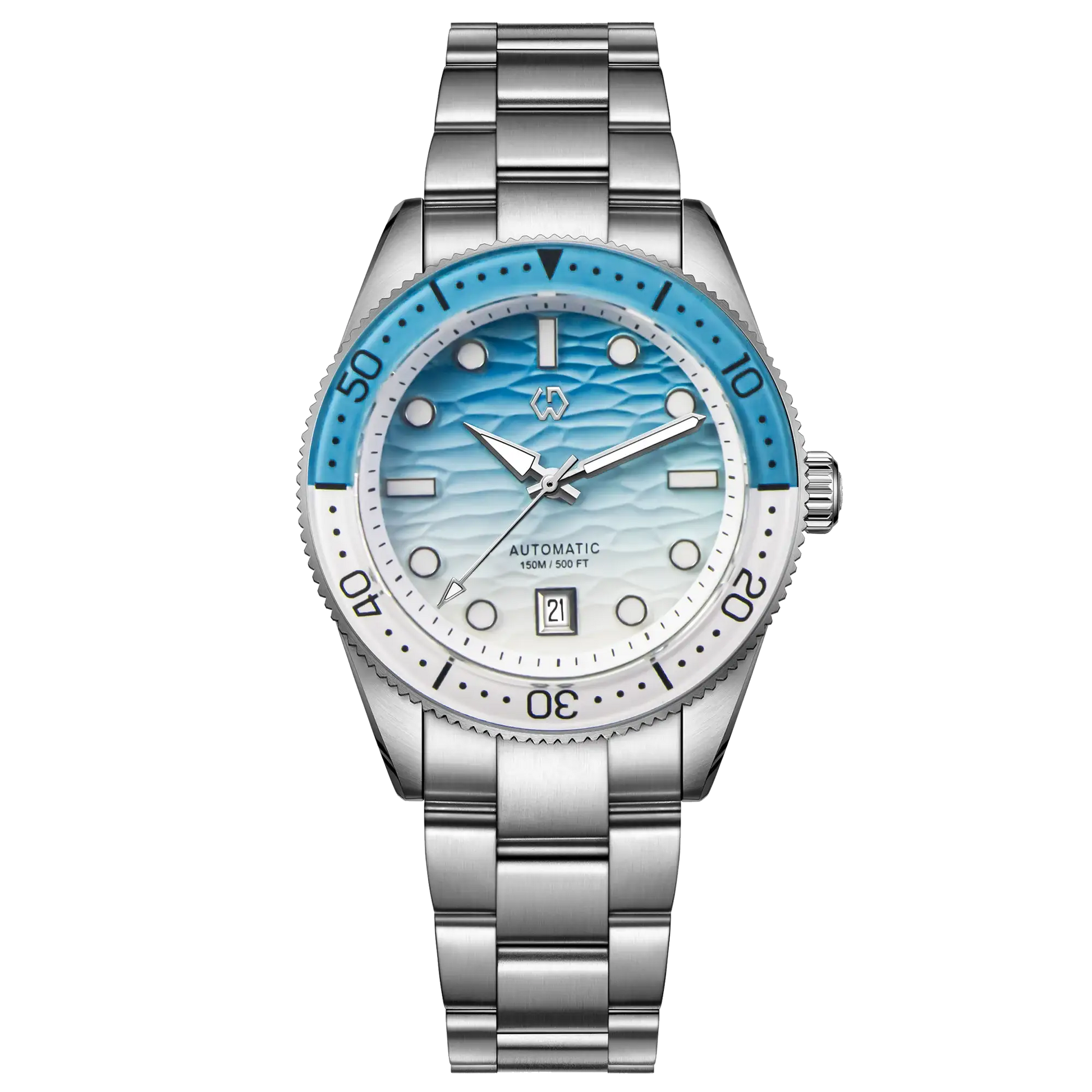 WishDOIT men's automatic dive watch with ocean-blue ripple dial, blue bezel, stainless steel bracelet, 150M water resistant