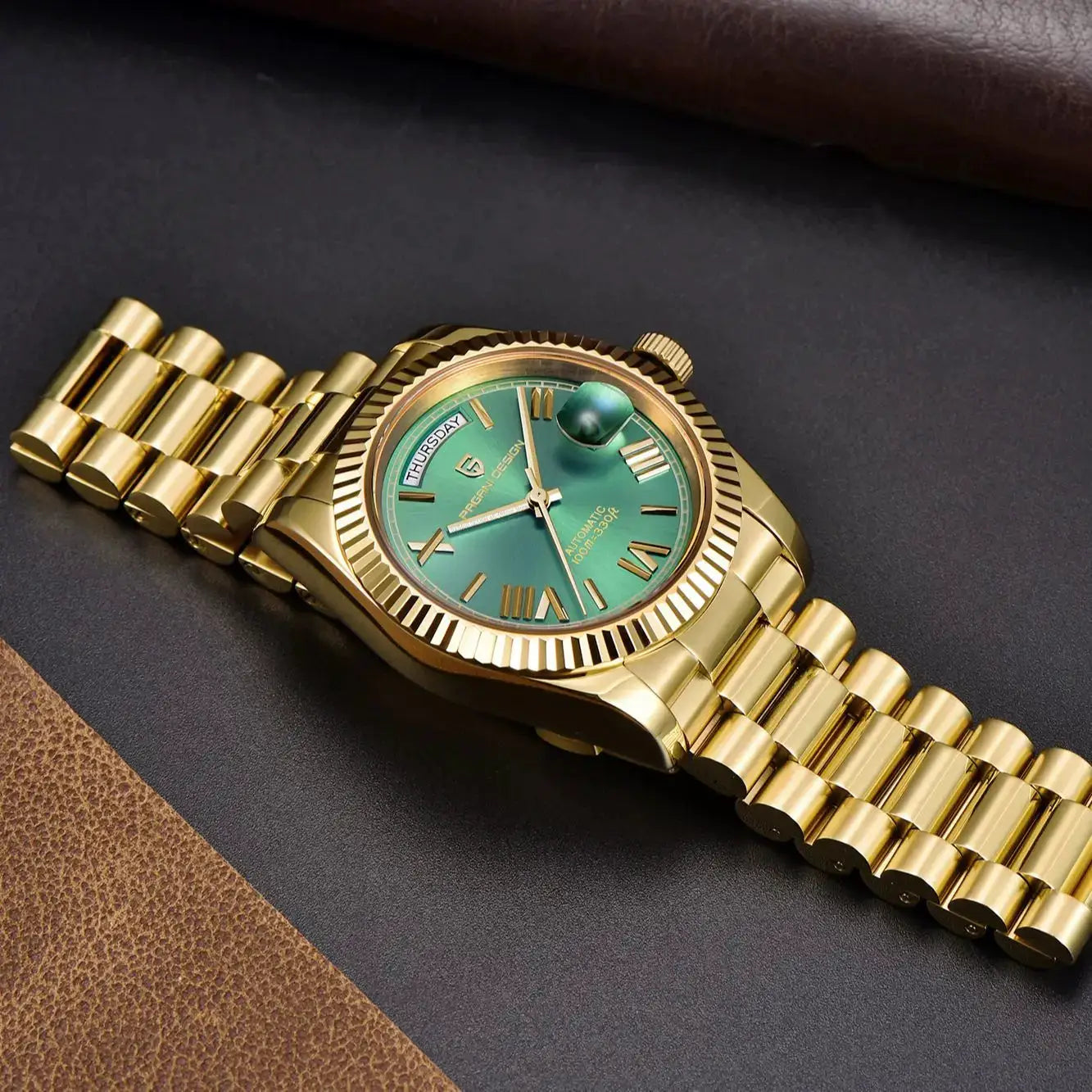 Pagani Design DD36 gold-tone men's mechanical watch with green dial, day window, and bracelet