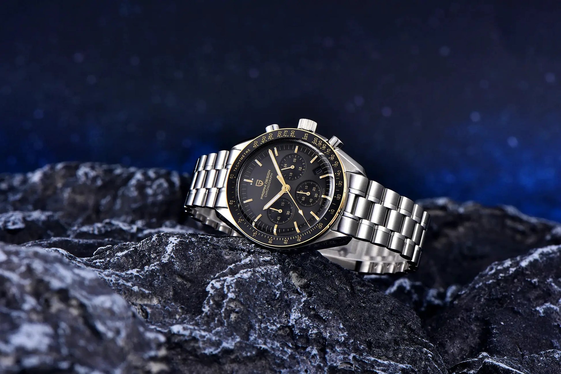 Pagani Design men's chronograph watch with stainless steel bracelet, black dial and gold-tone bezel.