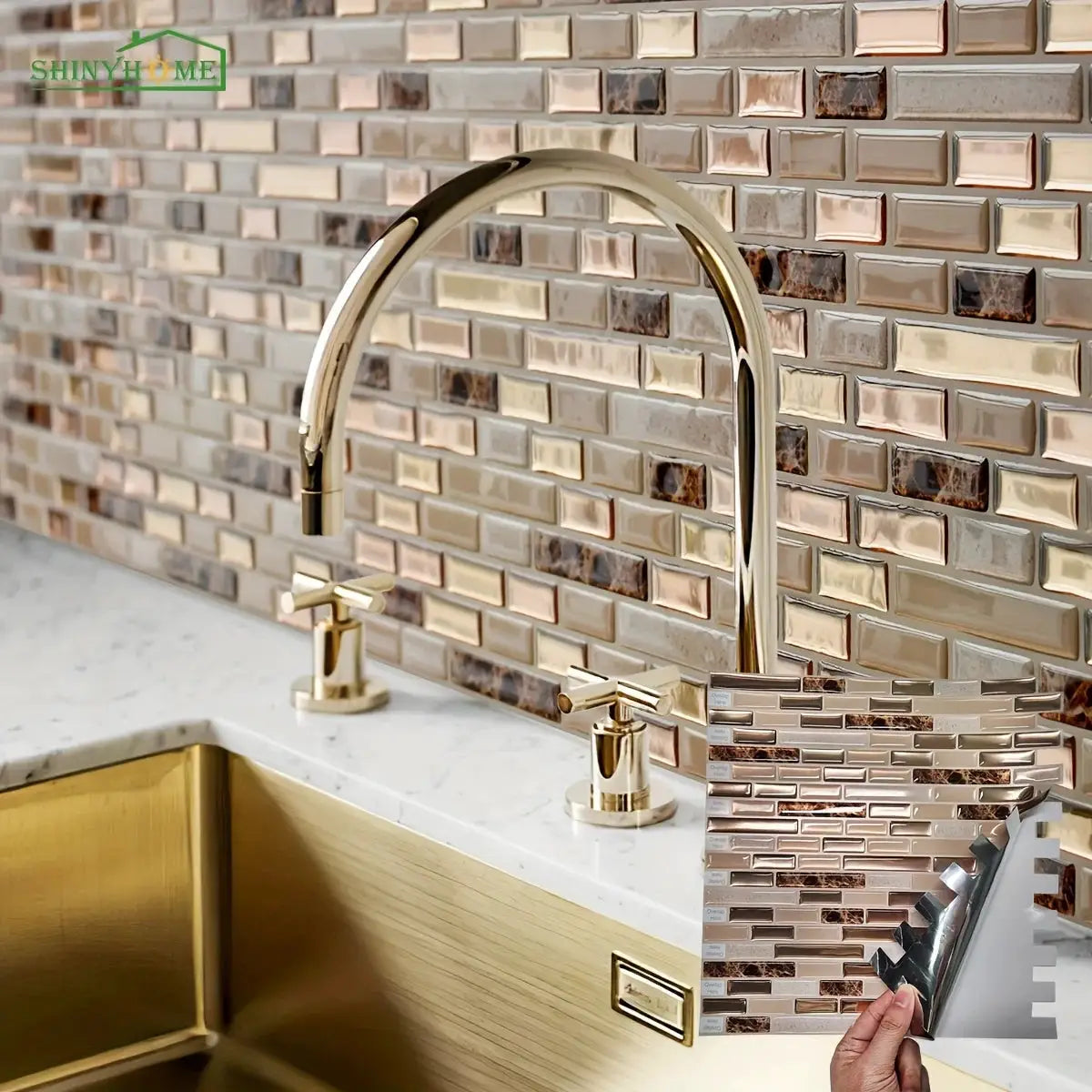 Gold mosaic self-adhesive wall tiles for kitchen backsplash, 11.8 x 12 in, Simples Market