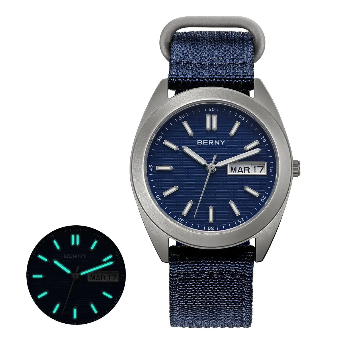 BERNY titanium men's watch with blue dial and blue fabric strap; two-item display with glow-in-the-dark dial inset