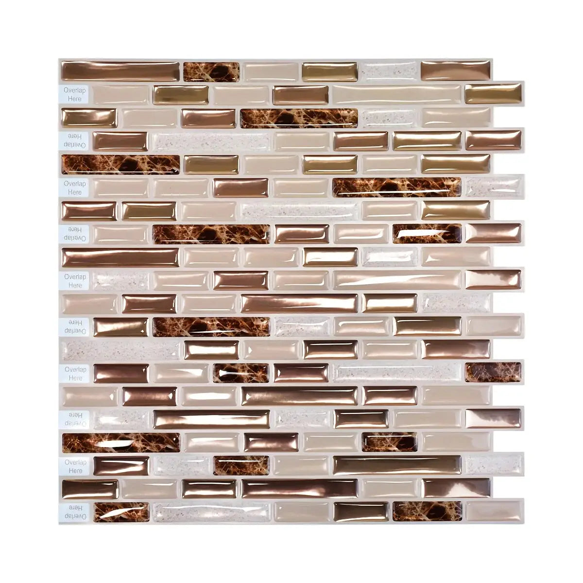 Simples Market gold mosaic self-adhesive wall tiles sheet with beige, brown marble and copper accents, 11.8 x 12 in