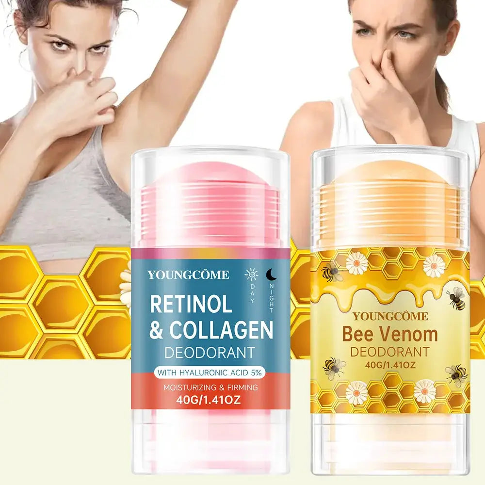Two Youngcome deodorants: Retinol & Collagen (blue label) and Bee Venom (honey-yellow)