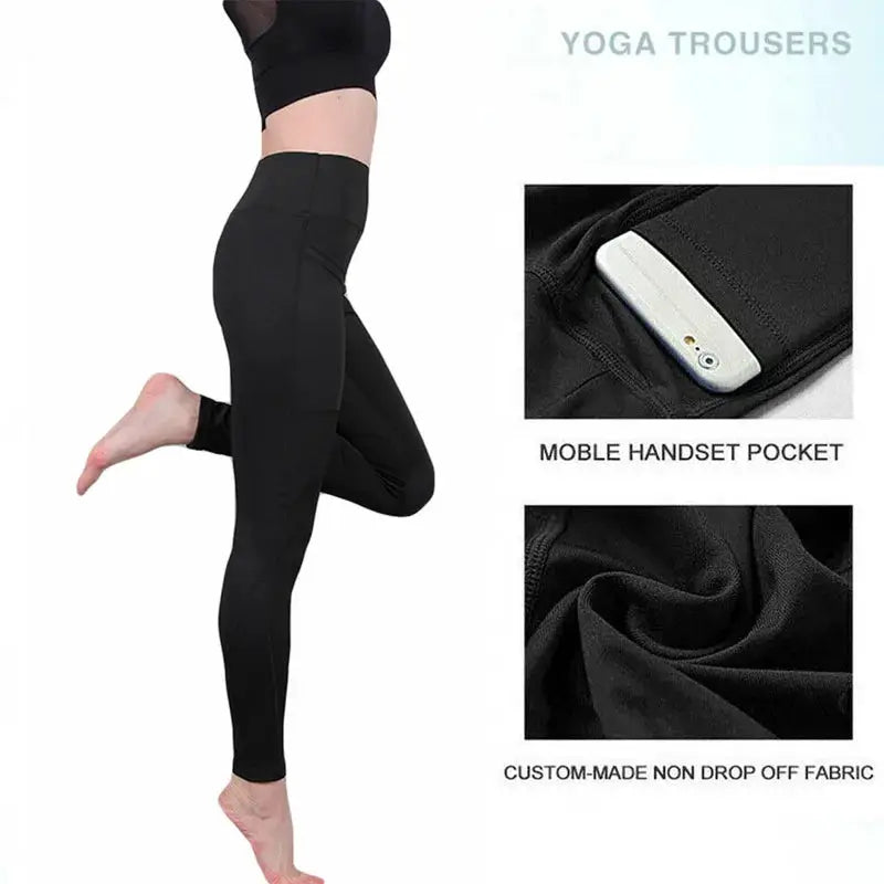 Black high-waist yoga leggings with a mobile phone pocket, worn by a model; seamless gym compression tights