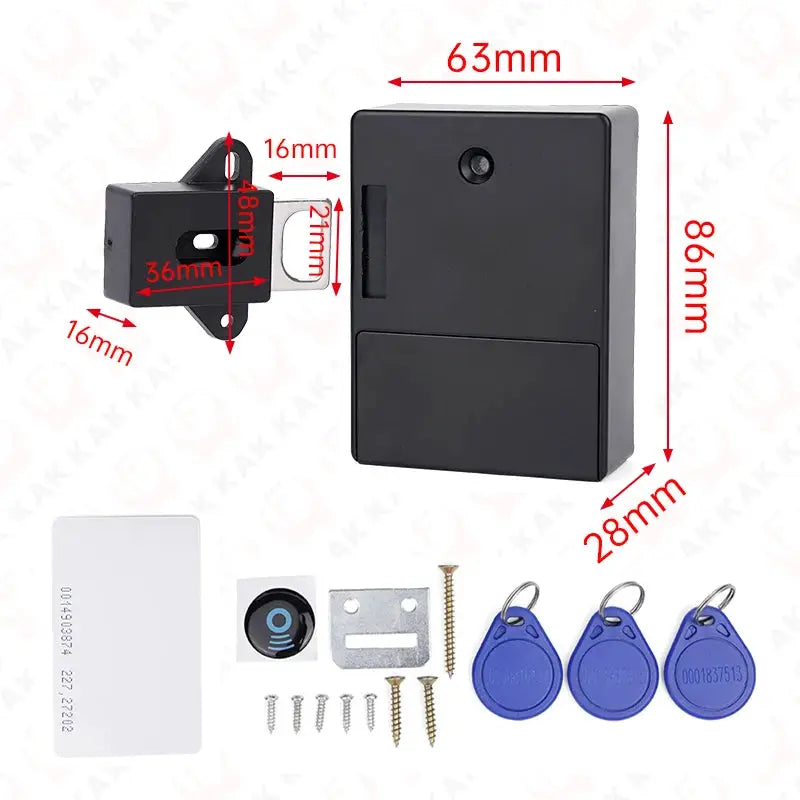 KAK electronic RFID cabinet lock by Simples Market, black with 3 blue RFID key fobs, access card and mounting hardware.