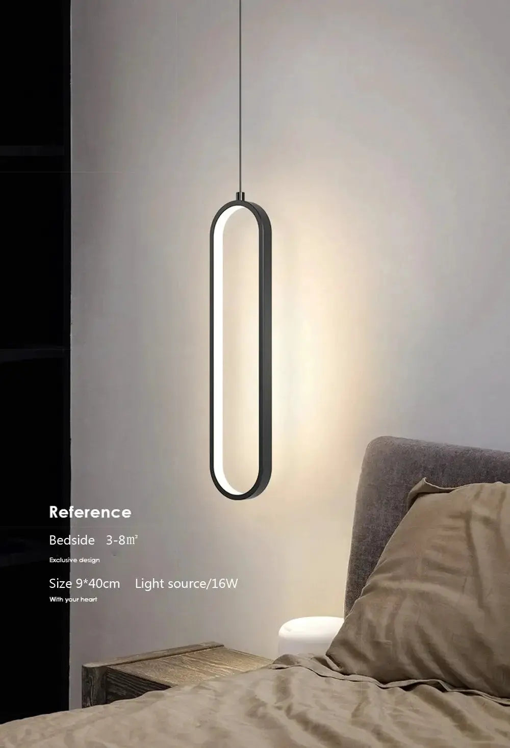 Simples Market modern minimalist LED pendant light, black oval hanging lamp with white LED glow for bedroom.