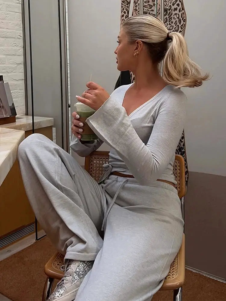 Absobe 2 Piece Leisure Suit Women Flare Sleeve Crop Cardigan Pants