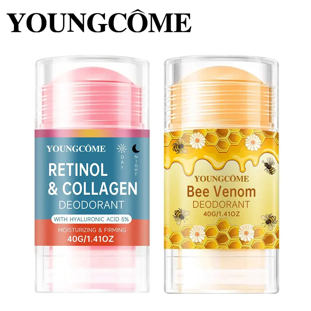 Two Youngcome deodorant sticks: Retinol & Collagen in pink and Bee Venom honeycomb packaging in yellow.