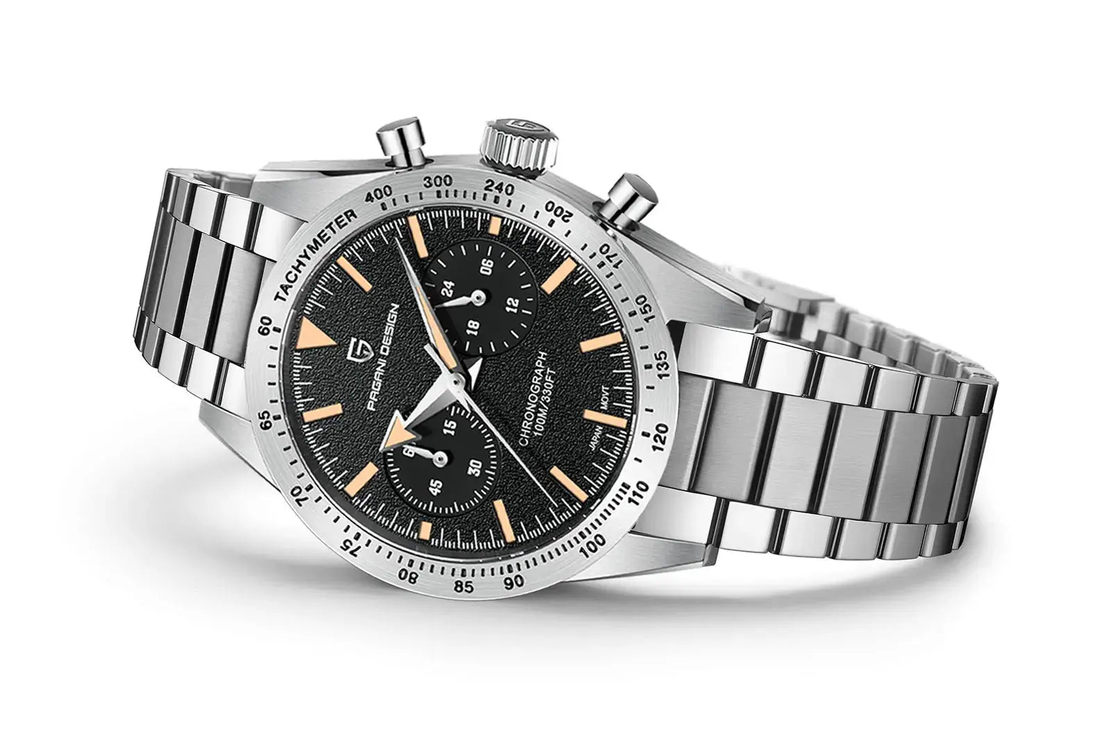 PAGANI DESIGN stainless steel chronograph watch with black textured dial, orange markers, tachymeter bezel.