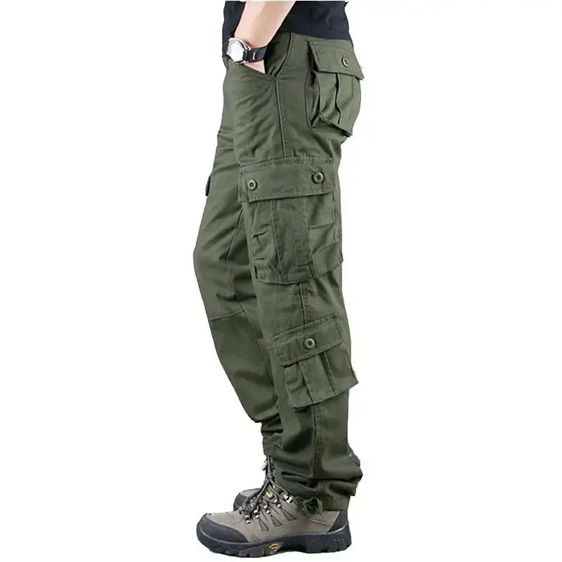 Men's tactical camouflage cargo pants in olive green cotton with multiple pockets