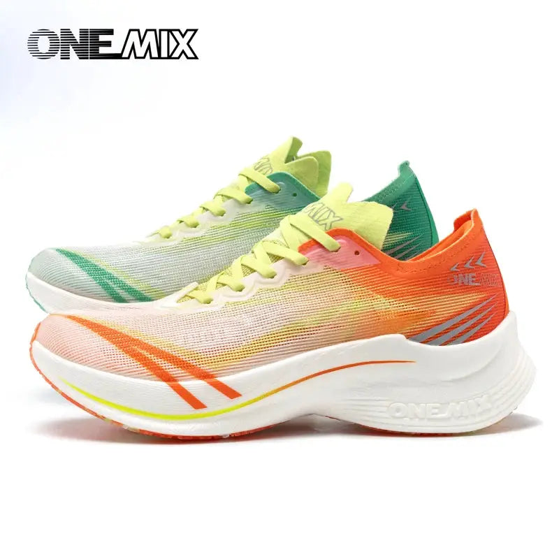 ONEMIX Marathon carbon-plate running shoes pair in neon gradient mesh with white midsole